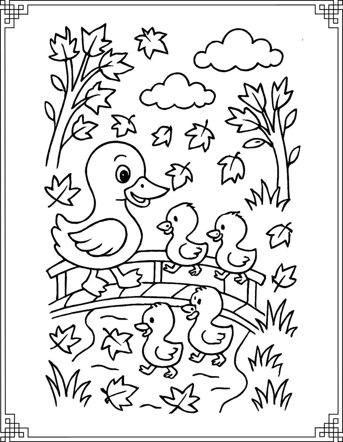 Autumn Ducks Crossing Bridge

