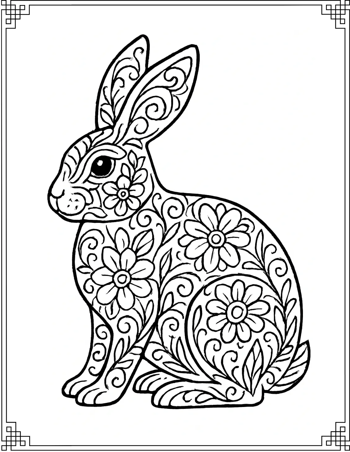 Bunny with Flowers and Swirls