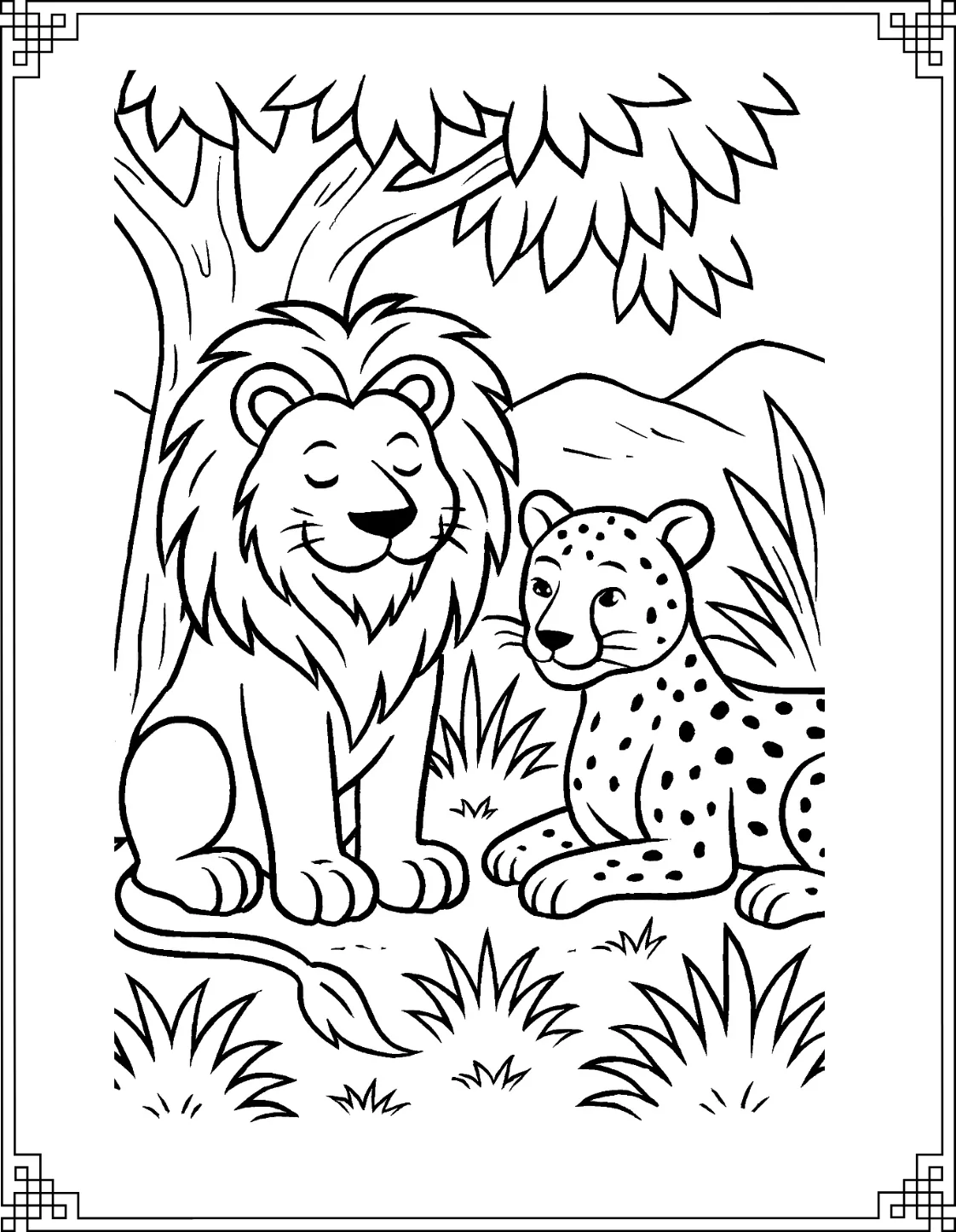 Lion and Cheetah Under Tree

