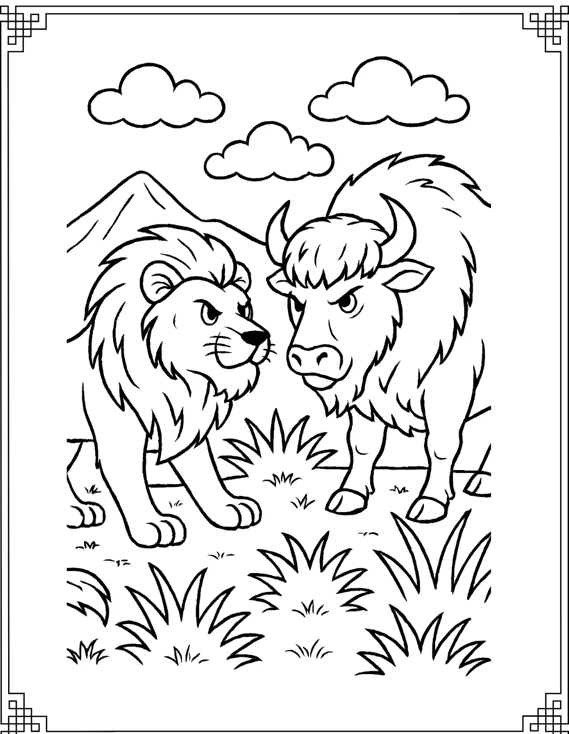 Powerful Lion and Bison Scene
