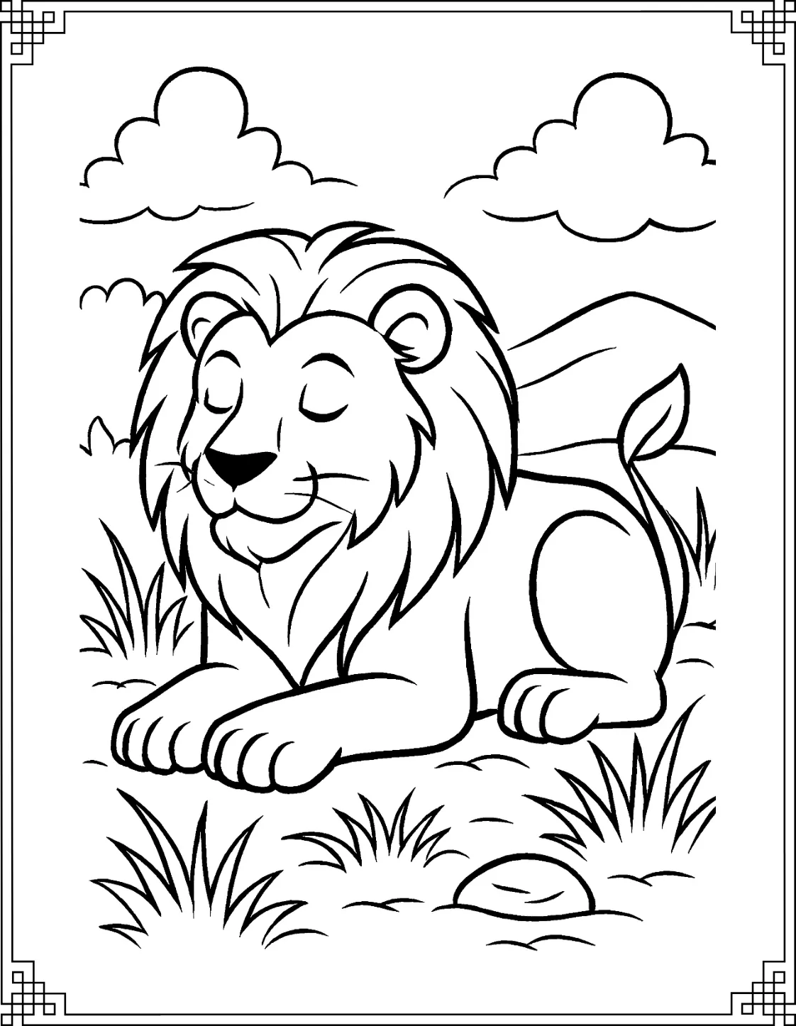 Resting Lion in Grass
