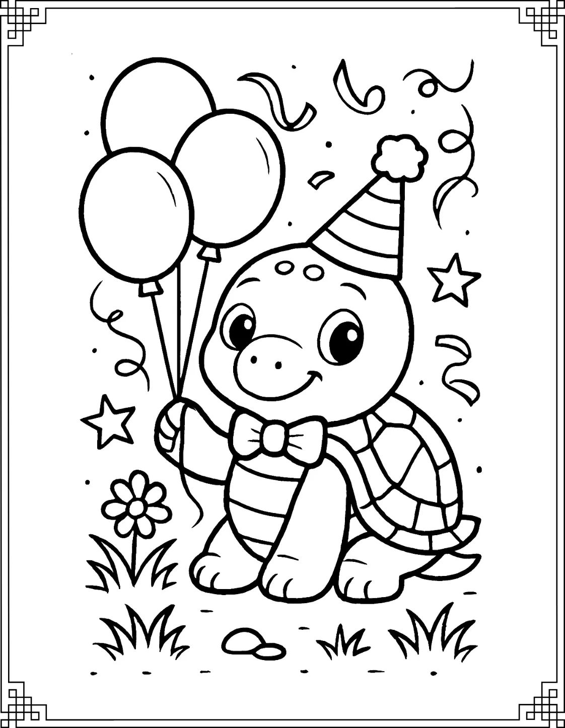 Birthday Turtle Coloring Page
