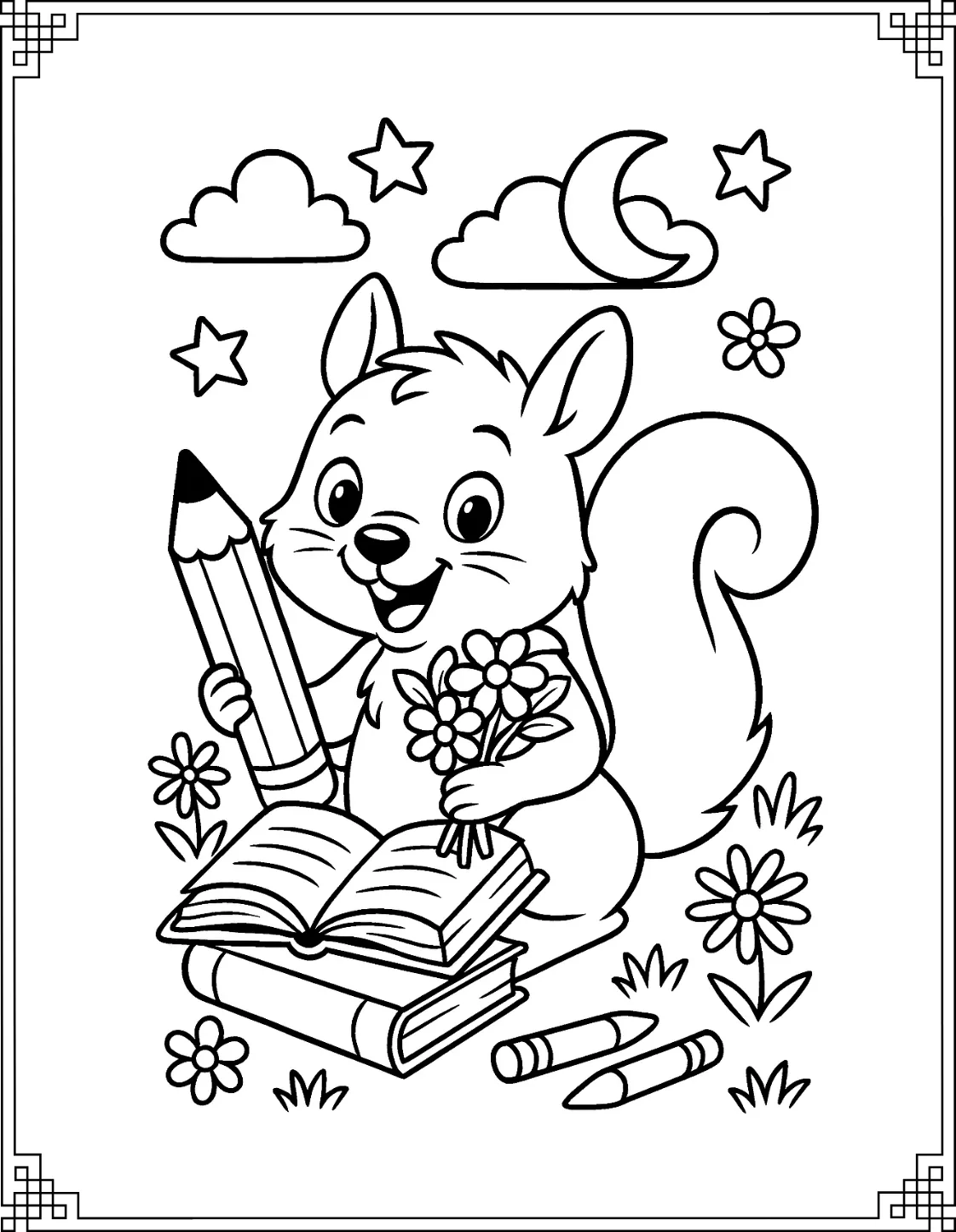 Bookworm Squirrel Coloring Page