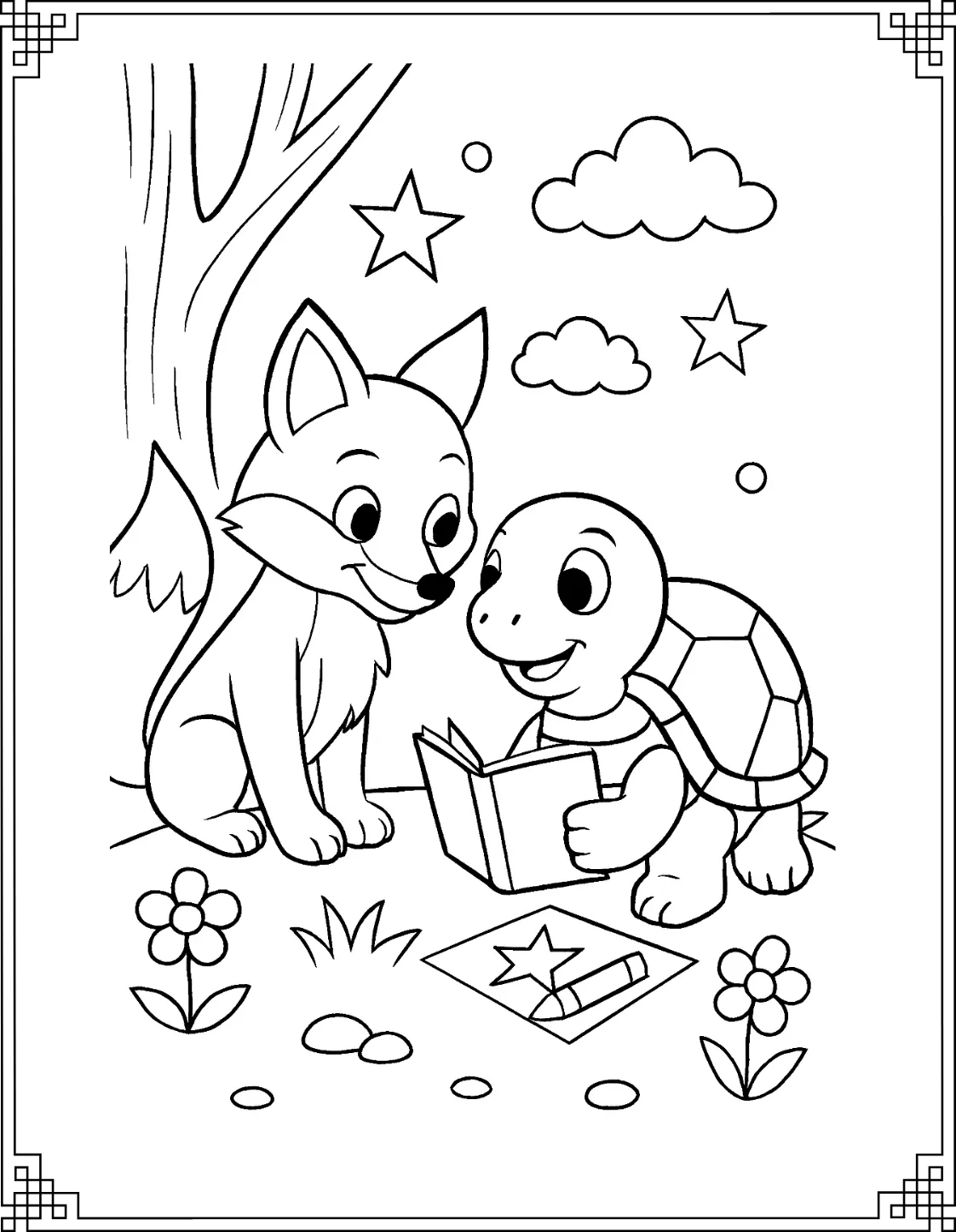 Curious Fox and Calm Turtle Coloring Page
