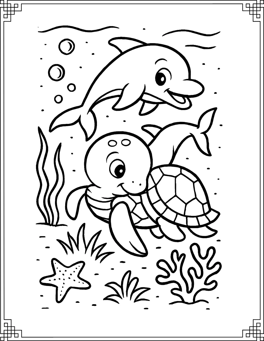 Dolphin and Turtle Coloring Page
