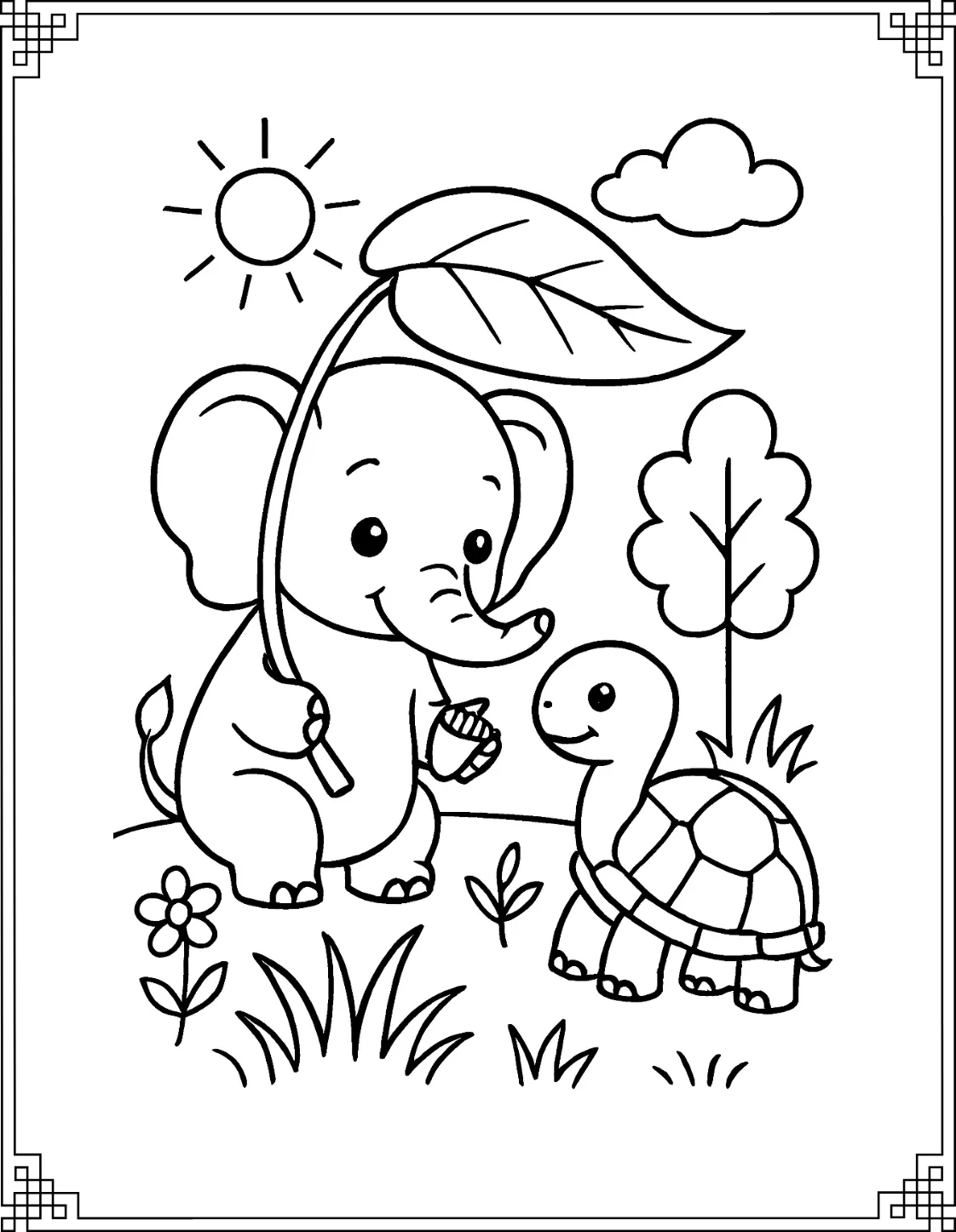 Elephant Protects Turtle Coloring Page
