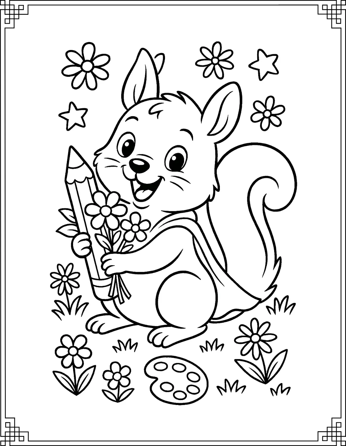 Flower Squirrel Coloring Page