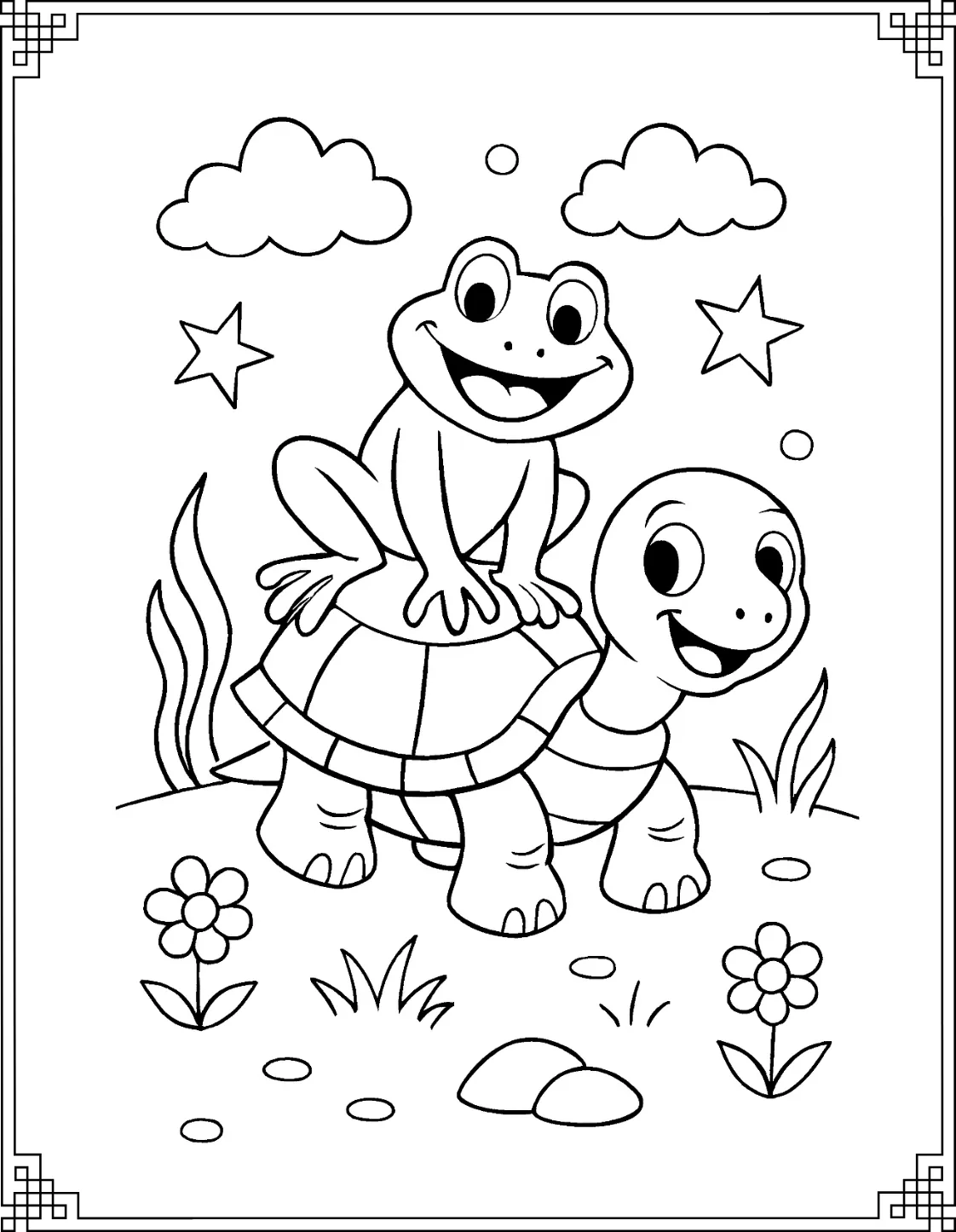 Frog Surfs with Turtle Coloring Page

