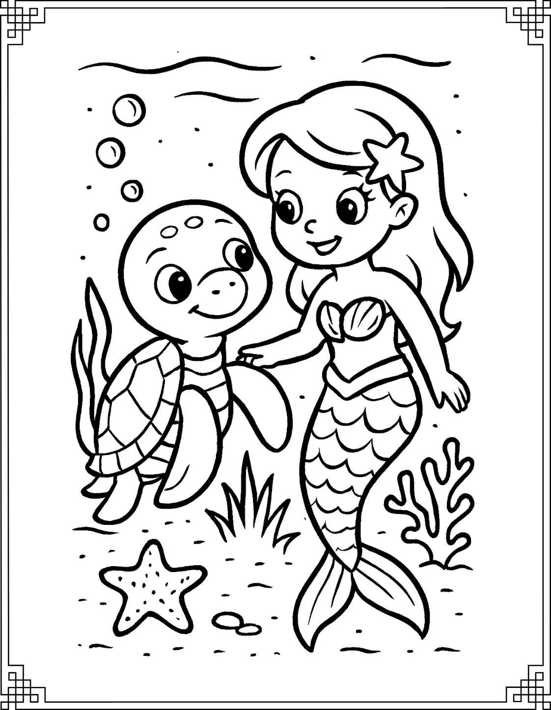 Mermaid and Turtle Coloring Page

