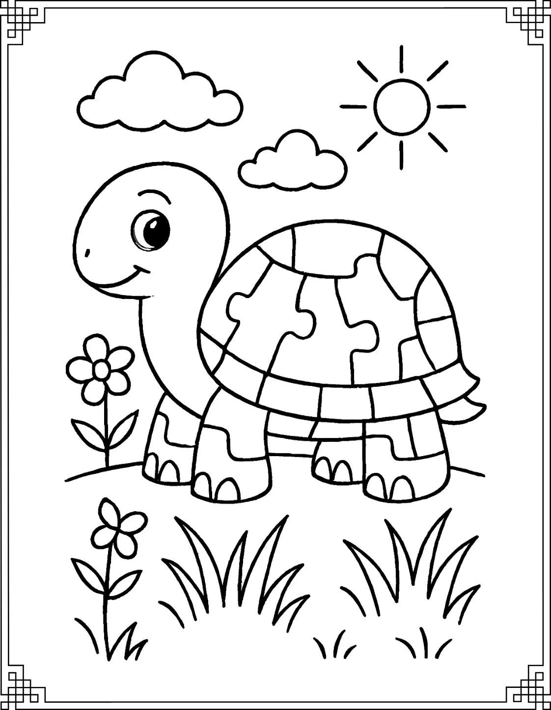 Puzzle-Style Turtle Coloring Page
