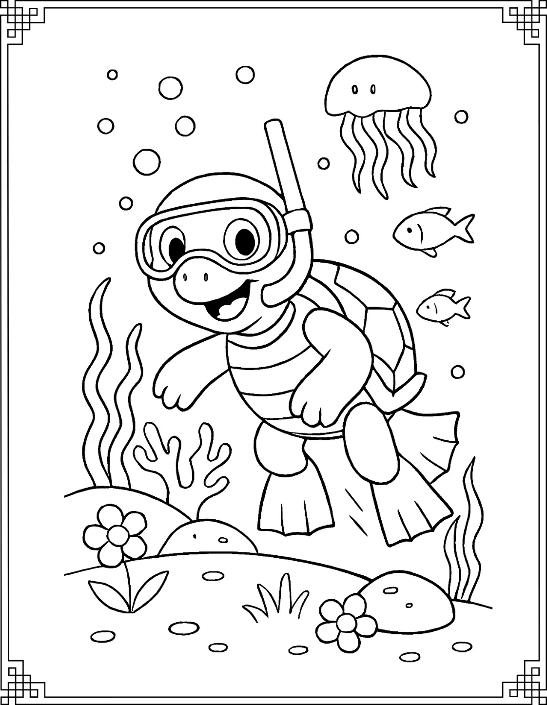 Snorkeling Turtle Coloring Page
