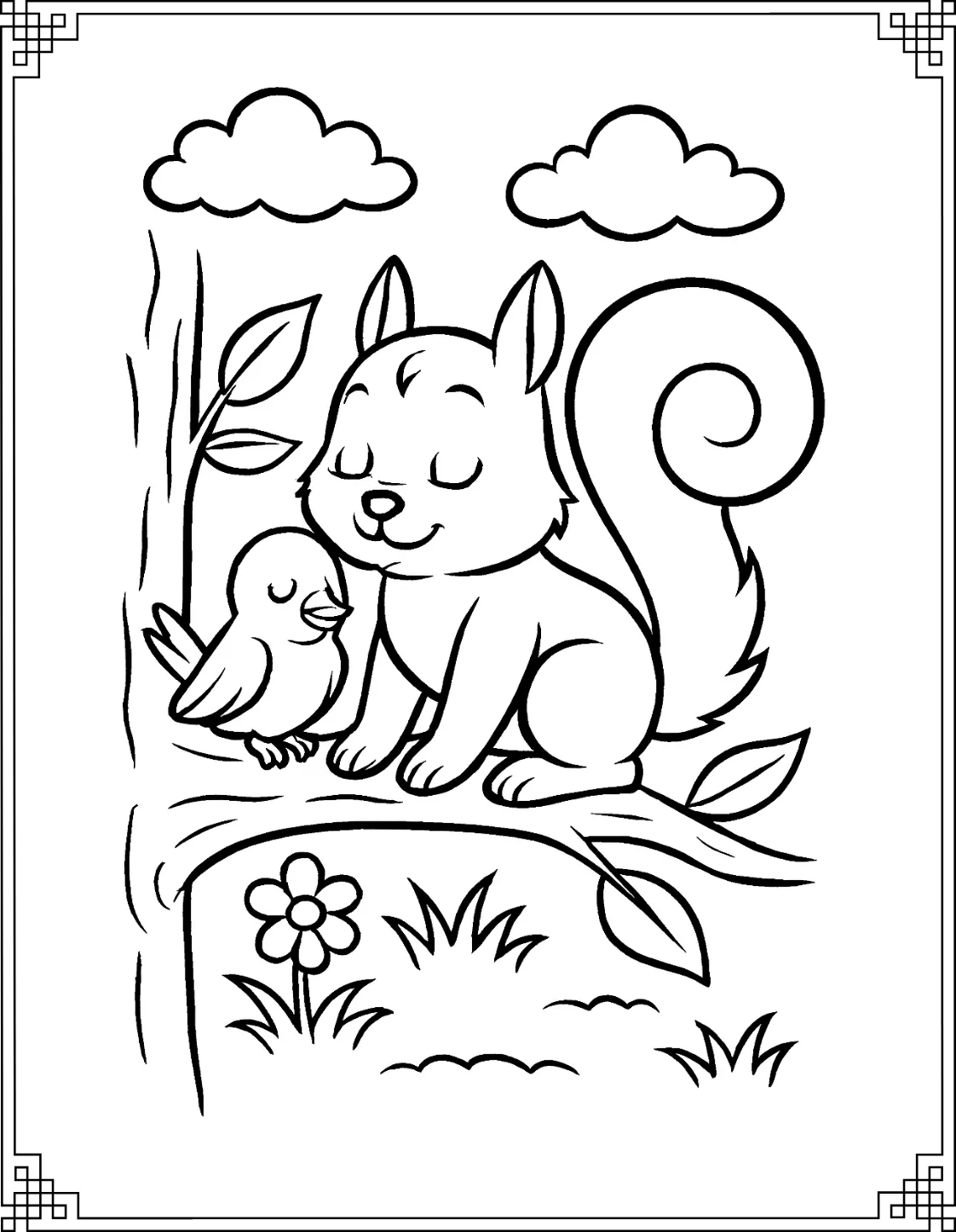 Squirrel and Bird Coloring Page: