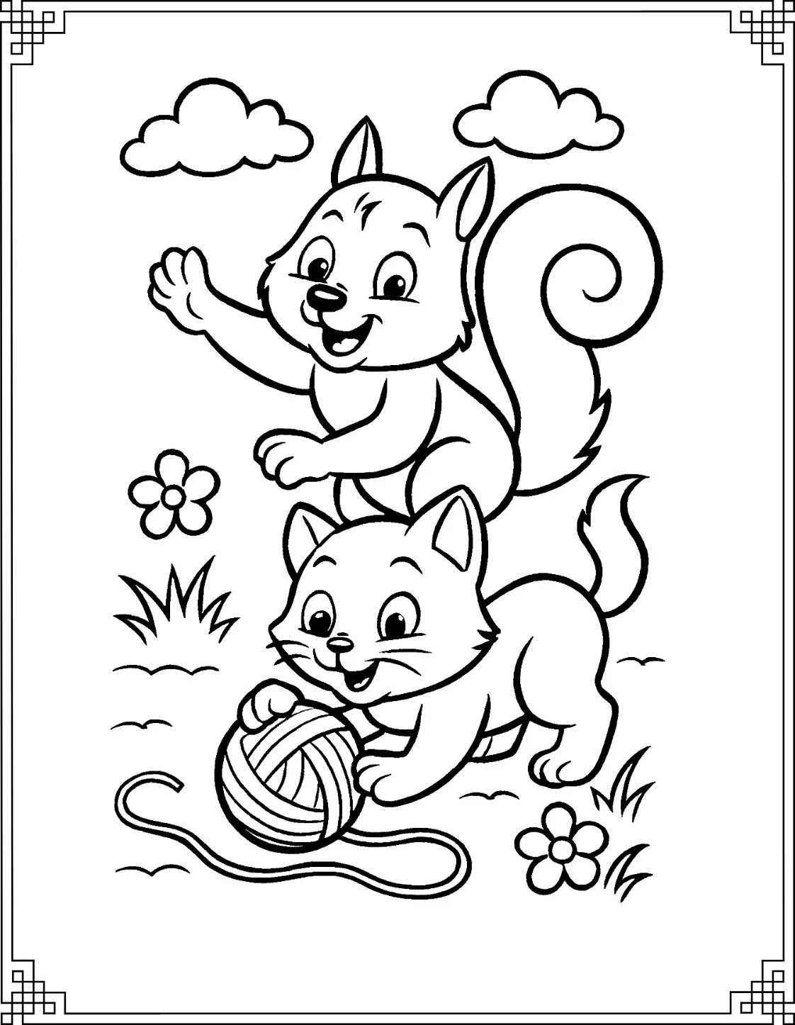 Squirrel and Cat Coloring Page