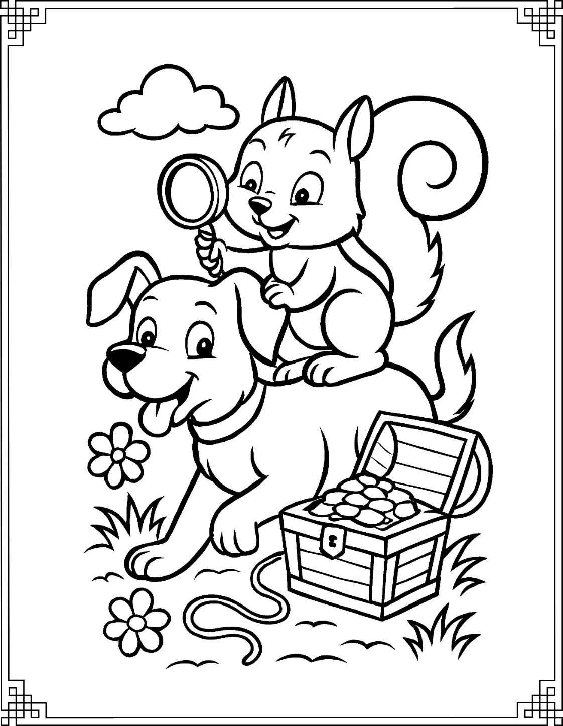 Squirrel and Dog Coloring Page: