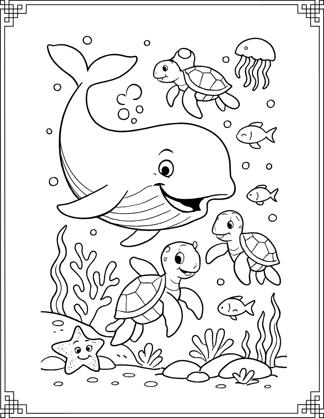 Whale and Turtle Coloring Page
