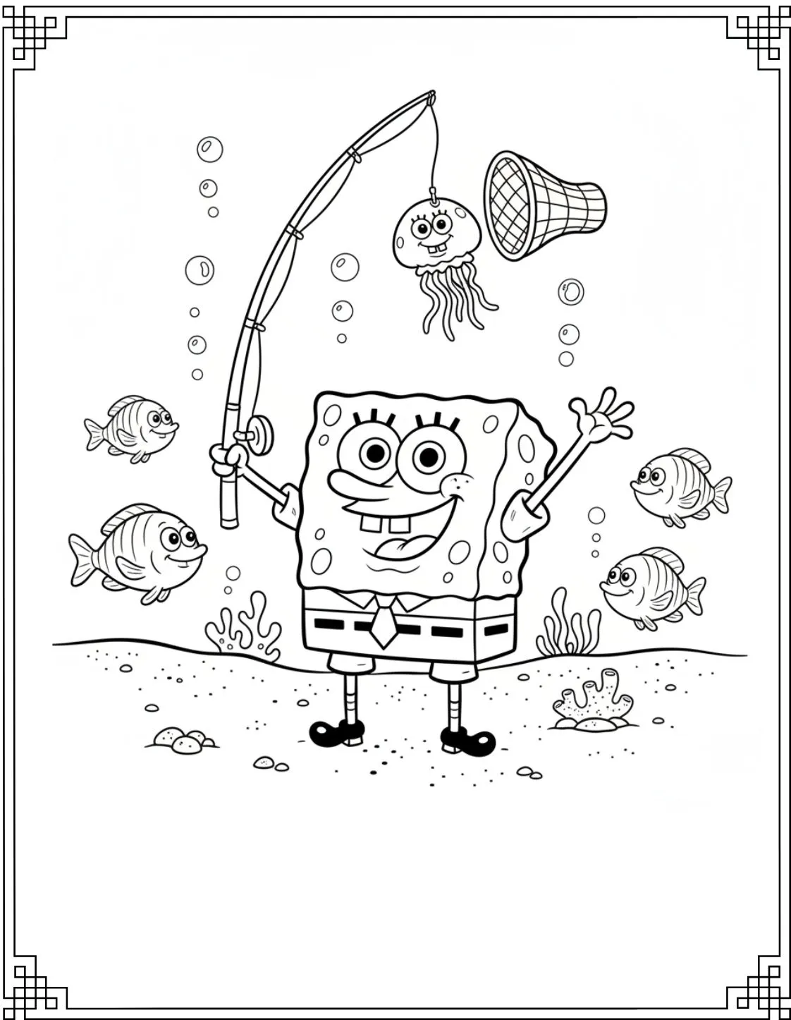 SpongeBob Holding A Fishing Rod Coloring Page