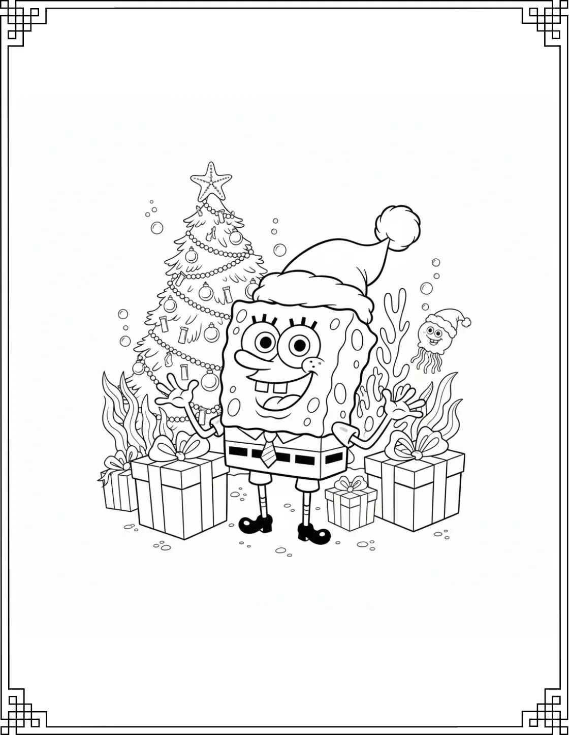 SpongeBob With Santa Hat Coloring Page